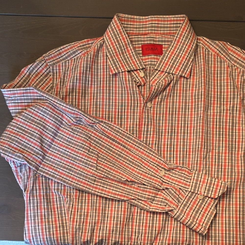 Isaia Men's Red, Black And White Plaid Shirt